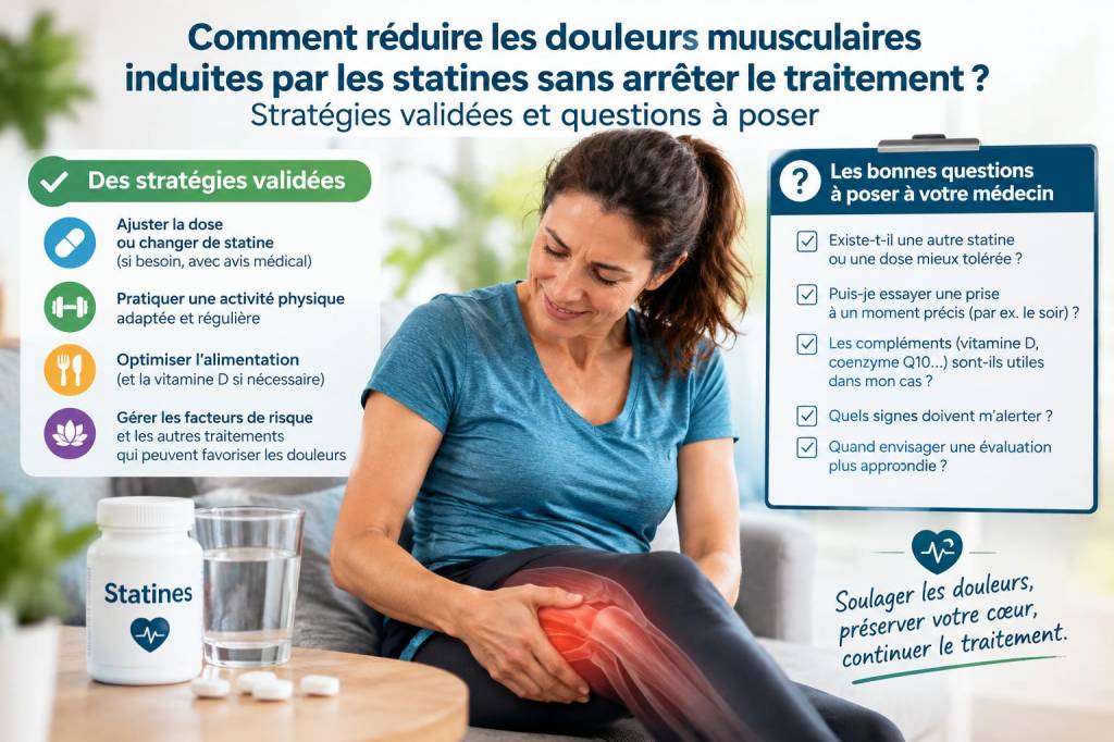 Comment réduire les douleurs musculaires induites par les statines sans arrêter le traitement : stratégies validées et questions à poser